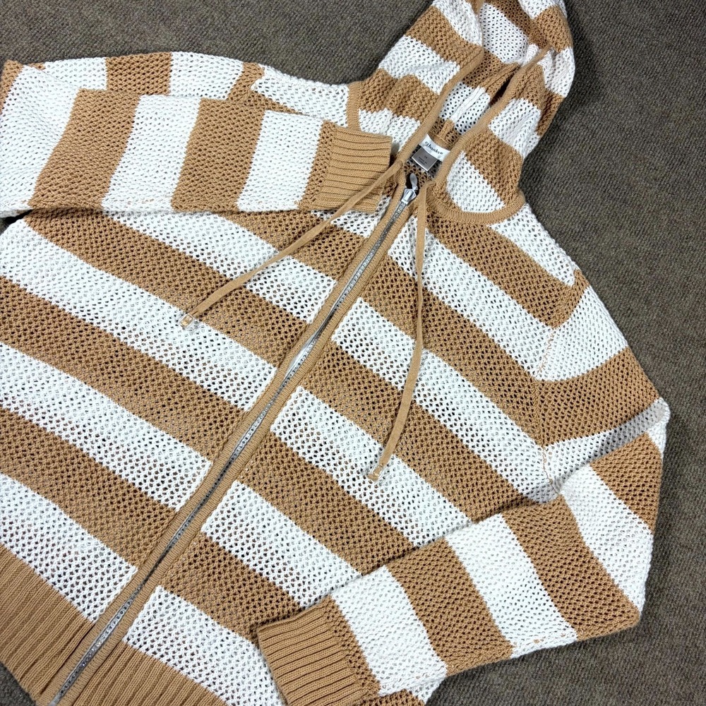 CJ Banks Cardigan Sweater Womens 1X White Brown Striped Hooded Cotton Open Knit